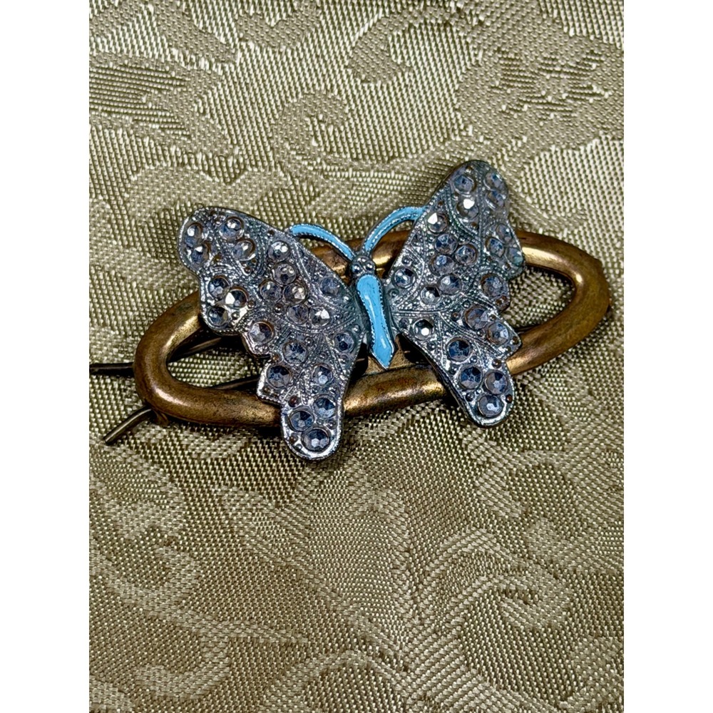 Vintage Butterfly Hair Barrette Blue Enamel Rhinestone Silver Gold Tone Clip